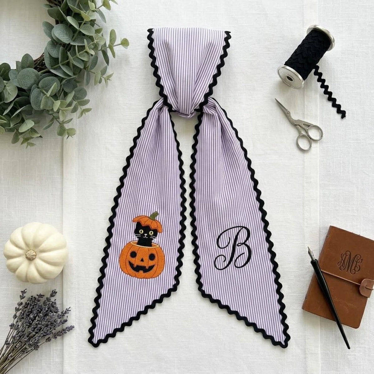 Personalized Halloween Door Hanger Bow, Black Cat Pumpkin Ric Rac Wreath Sash