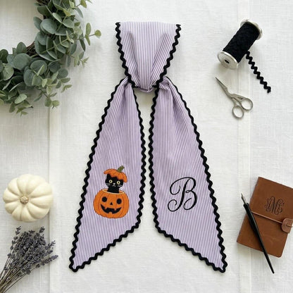 Personalized Halloween Door Hanger Bow, Black Cat Pumpkin Ric Rac Wreath Sash