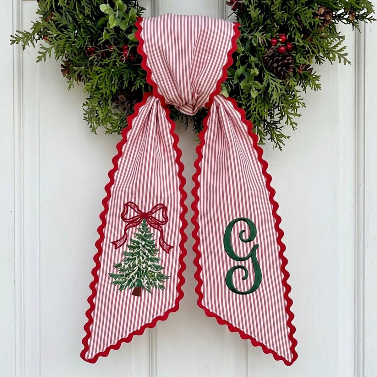 Personalized Christmas Tree Wreath Sash, Stripe Front Door Ric Rac Bow, Holiday Decor