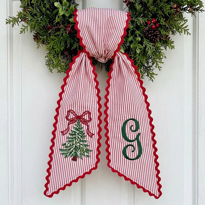 Personalized Christmas Tree Wreath Sash, Stripe Front Door Ric Rac Bow, Holiday Decor