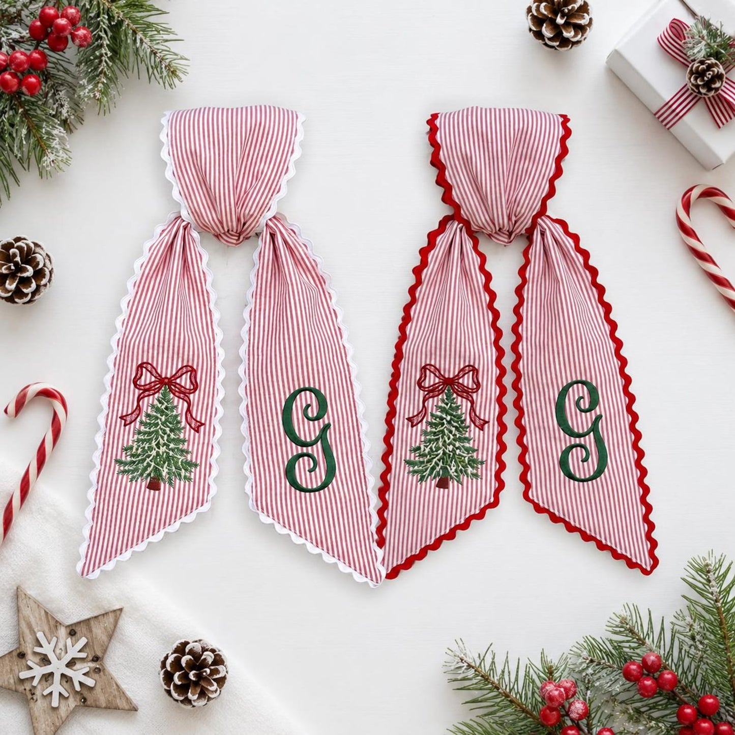 Personalized Christmas Tree Wreath Sash, Stripe Front Door Ric Rac Bow, Holiday Decor