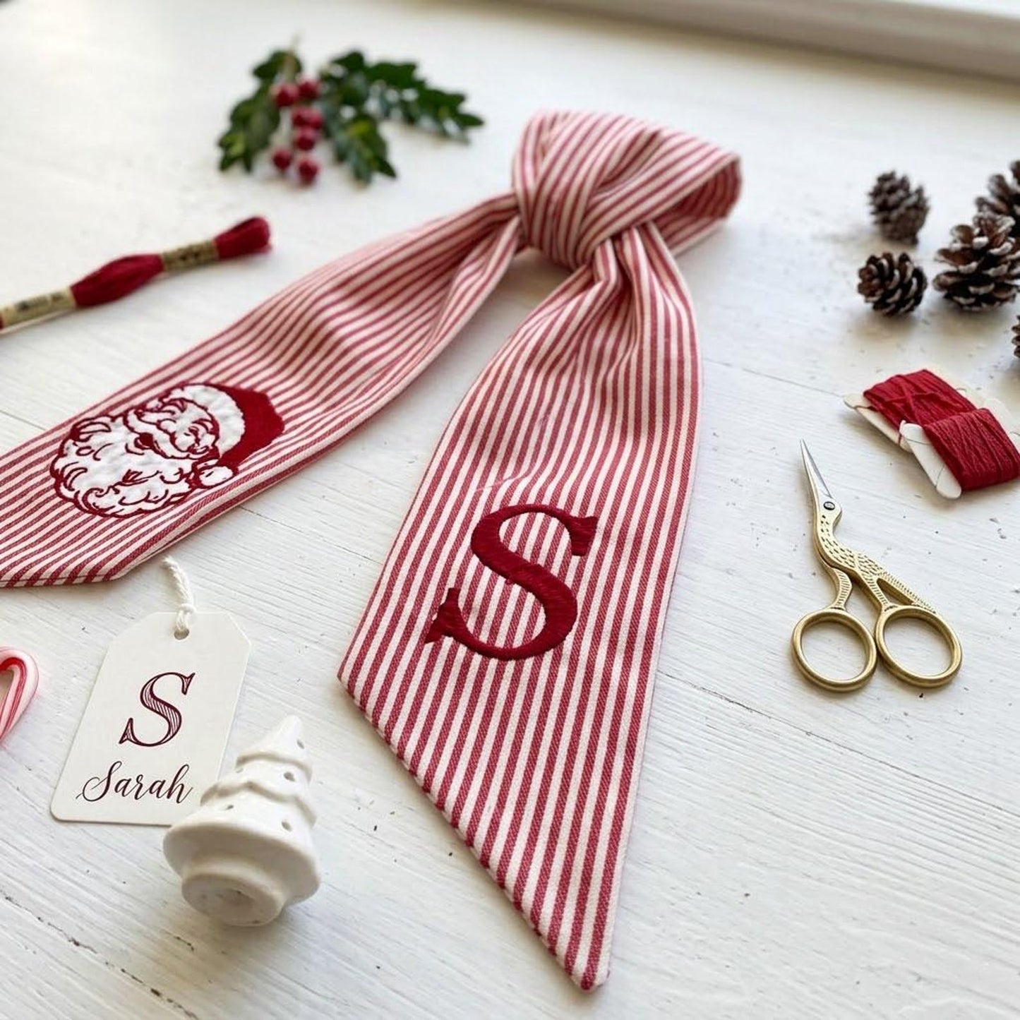 Personalized Christmas Wreath Sash, Stripe Front Door Ric Rac Bow, Santa Decor