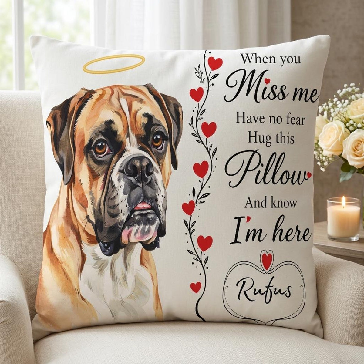 Pet Memorial Pillow with Custom Portrait & Personalised Name