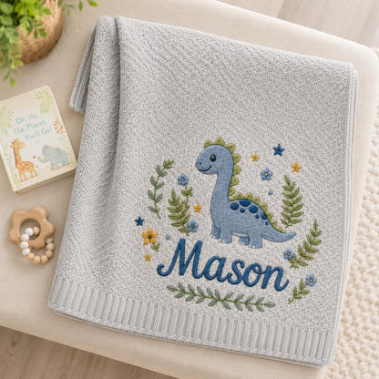 Personalized Baby Blanket with Embroidered Dinosaur, Custom Name Nursery Blanket