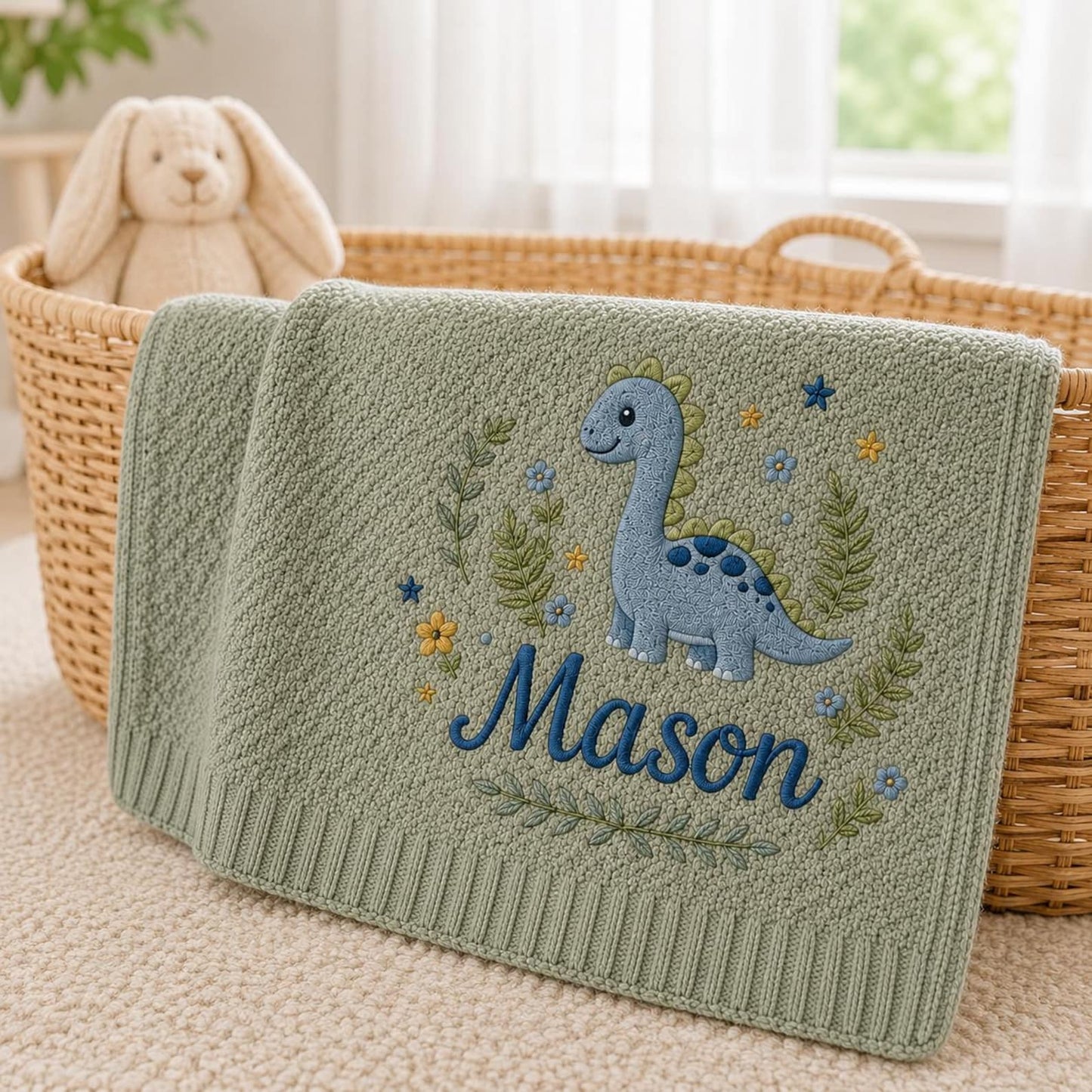 Personalized Baby Blanket with Embroidered Dinosaur, Custom Name Nursery Blanket