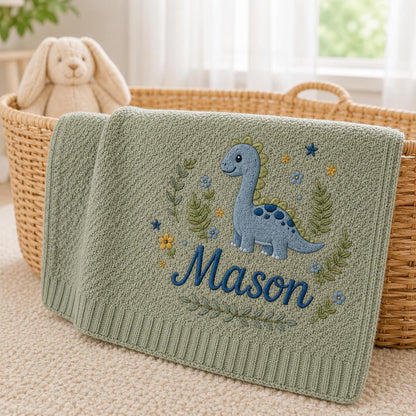 Personalized Baby Blanket with Embroidered Dinosaur, Custom Name Nursery Blanket