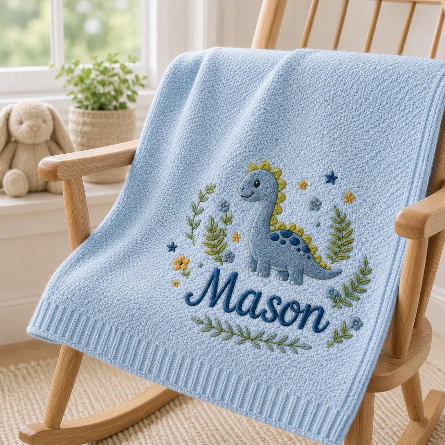 Personalized Baby Blanket with Embroidered Dinosaur, Custom Name Nursery Blanket