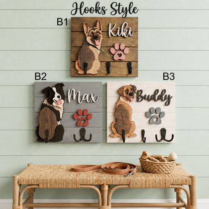 Personalized Dog Leash Holder, Custom Dog Name Sign, 3D Wooden Pet Leash Hook