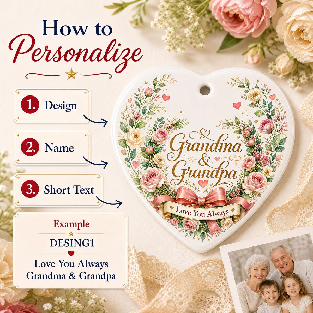 Personalized Grandparents Day Ornament, Custom Ceramic Heart Keepsake