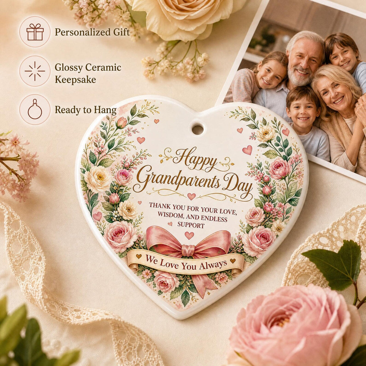 Personalized Grandparents Day Ornament, Custom Ceramic Heart Keepsake