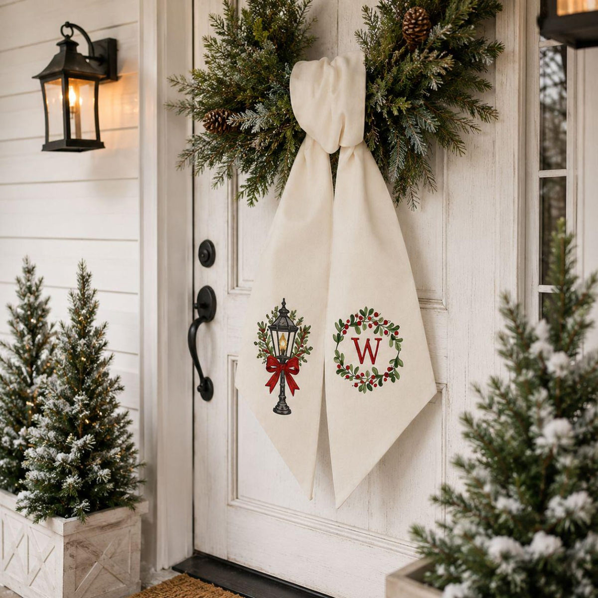Personalized Christmas Wreath with Monogram Bow, Boxwood Front Door Wreath