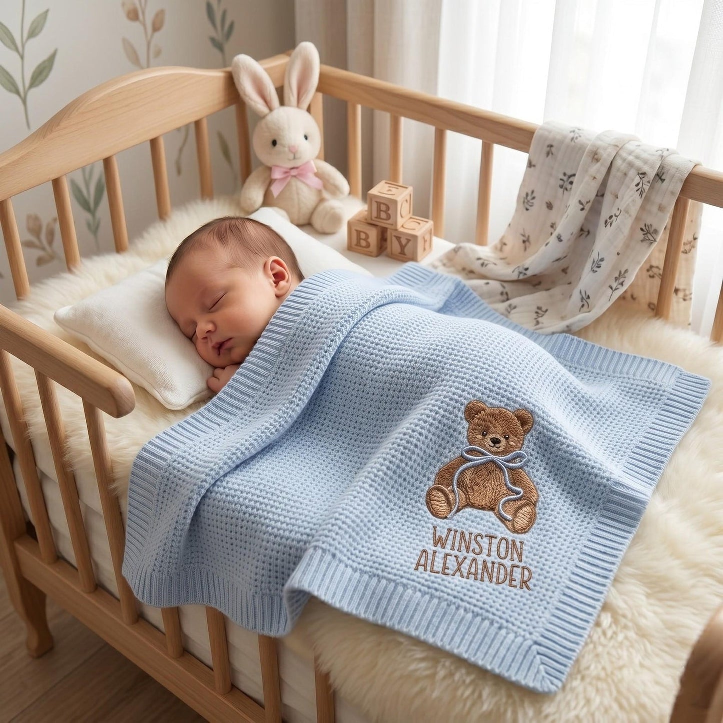 Personalized Embroidered Teddy Bear Baby Blanket with Name