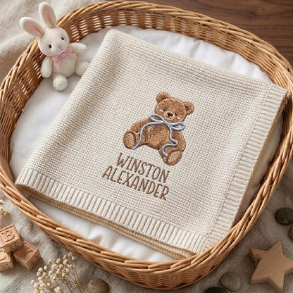 Personalized Embroidered Teddy Bear Baby Blanket with Name