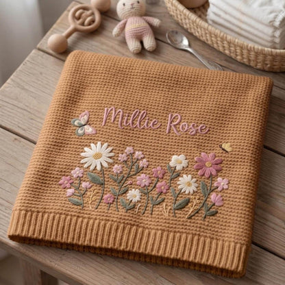 Personalized Floral Embroidered Baby Blanket - Custom Name Knitted Throw
