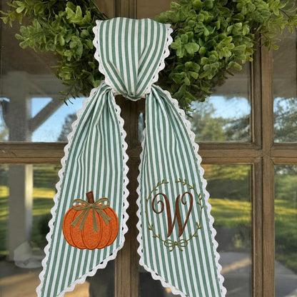Personalized Pumpkin Initial Door Sash, Custom Fall Wreath Bow Wreath Sash