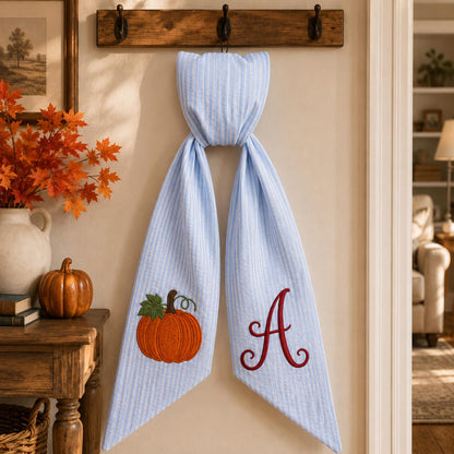Thanksgiving Wreath Sash, Personalized Pumpkin Monogram Door Sash, Seersucker