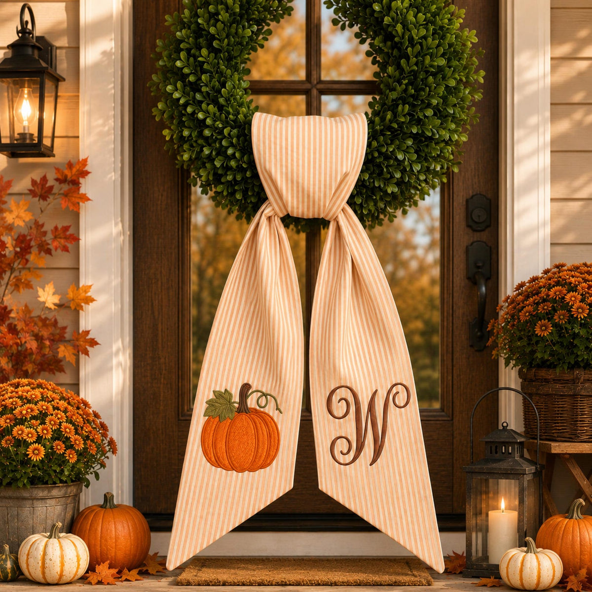 Thanksgiving Wreath Sash, Personalized Pumpkin Monogram Door Sash, Seersucker