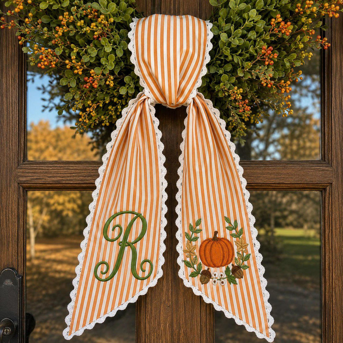 Personalized Fall Door Sash, Custom Pumpkin Wreath Bow Wreath Sash
