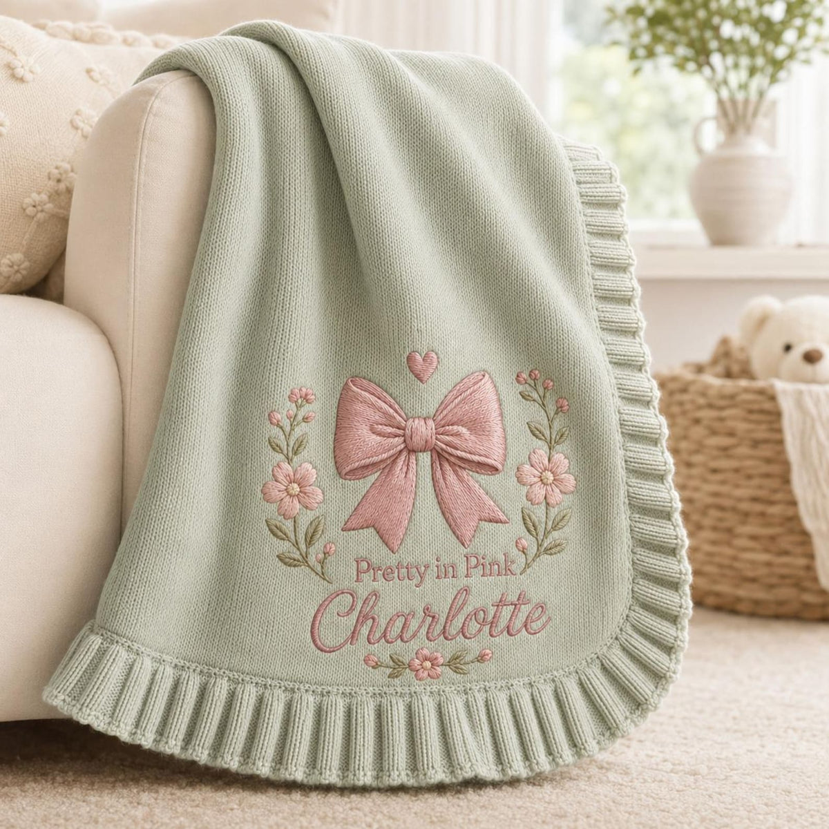 Personalized Baby Blanket with Name, Embroidered Pink Bow & Flowers