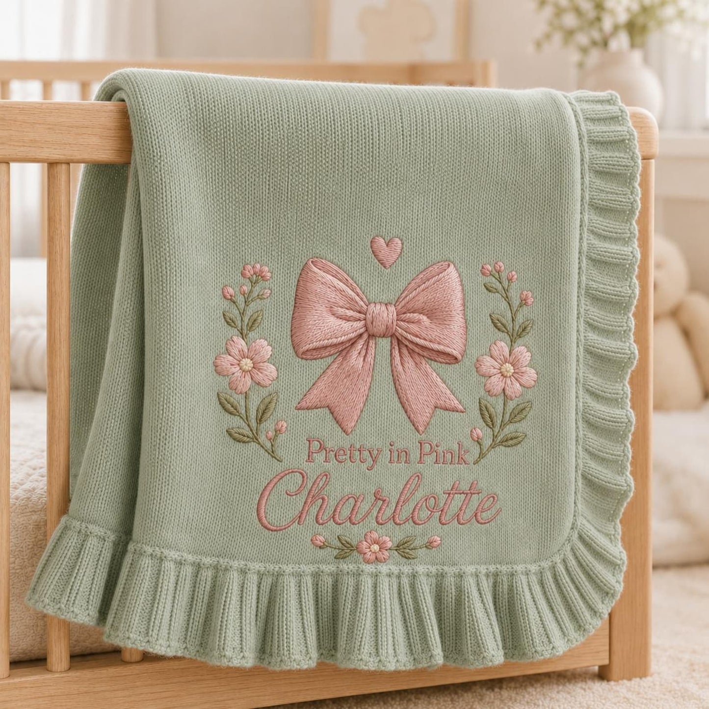 Personalized Baby Blanket with Name, Embroidered Pink Bow & Flowers