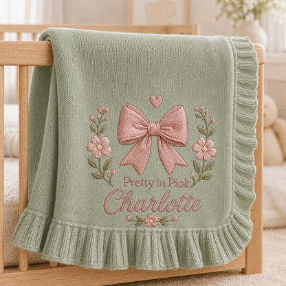 Personalized Baby Blanket with Name, Embroidered Pink Bow & Flowers