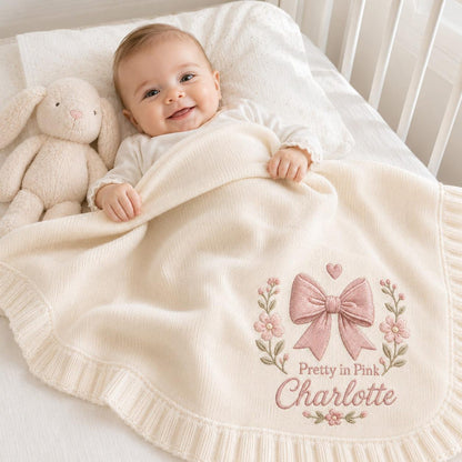 Personalized Baby Blanket with Name, Embroidered Pink Bow & Flowers