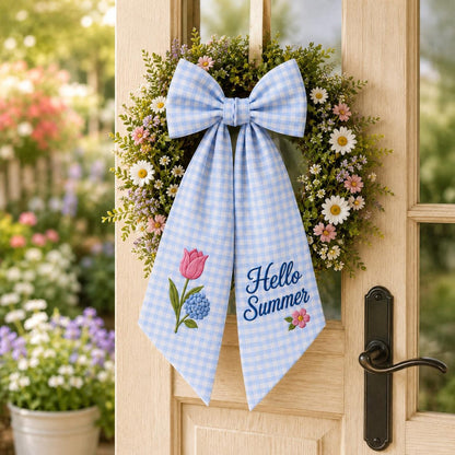 Hello Summer Wreath Sash, Personalized Blue Gingham Door Ribbon