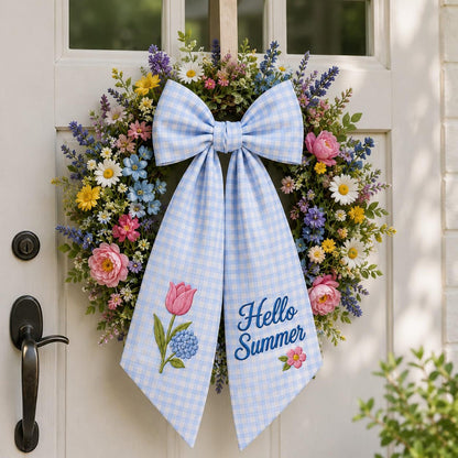 Hello Summer Wreath Sash, Personalized Blue Gingham Door Ribbon