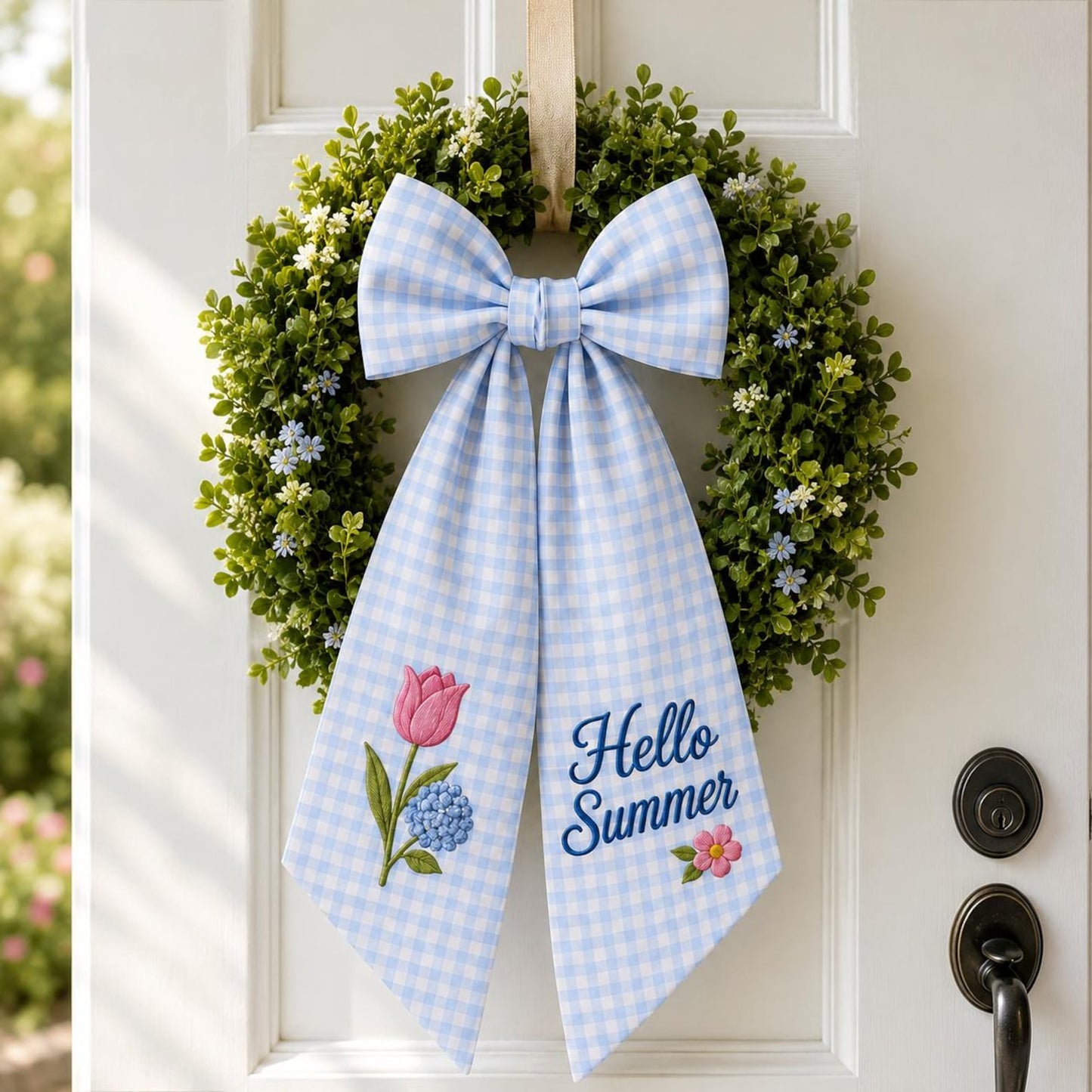 Hello Summer Wreath Sash, Personalized Blue Gingham Door Ribbon