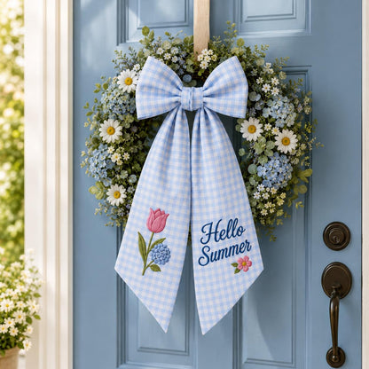 Hello Summer Wreath Sash, Personalized Blue Gingham Door Ribbon