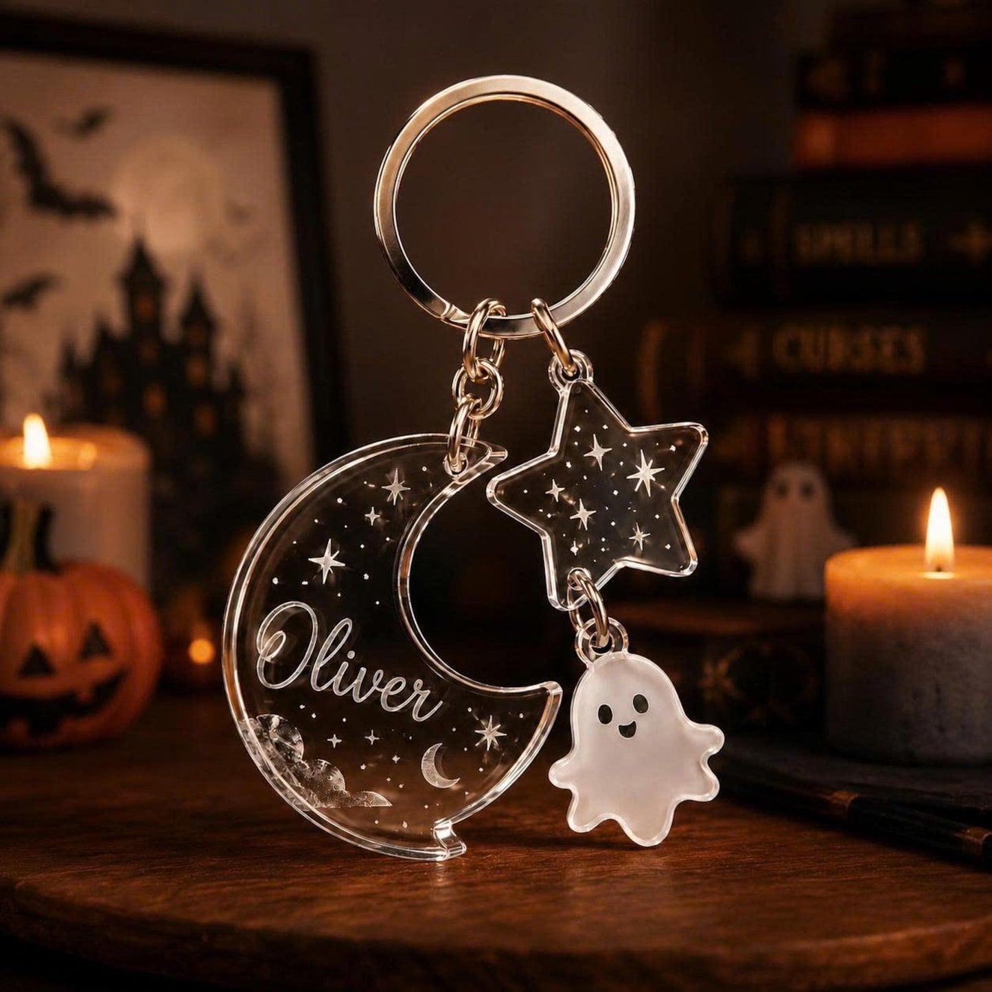 Personalized Halloween Acrylic Keychain, Custom Name Bag Charm, Trick or Treat Tag