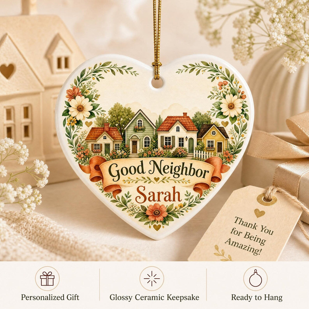 Personalized Good Neighbor Ornament, Custom Ceramic Heart Keepsake
