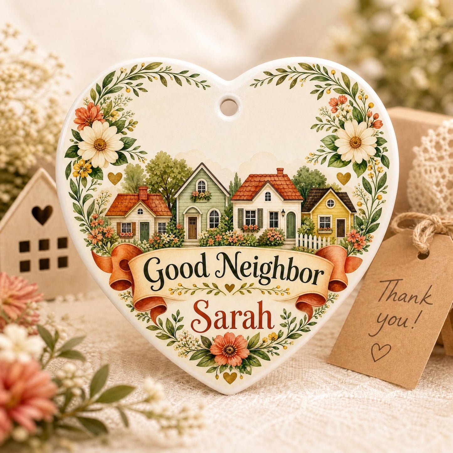 Personalized Good Neighbor Ornament, Custom Ceramic Heart Keepsake