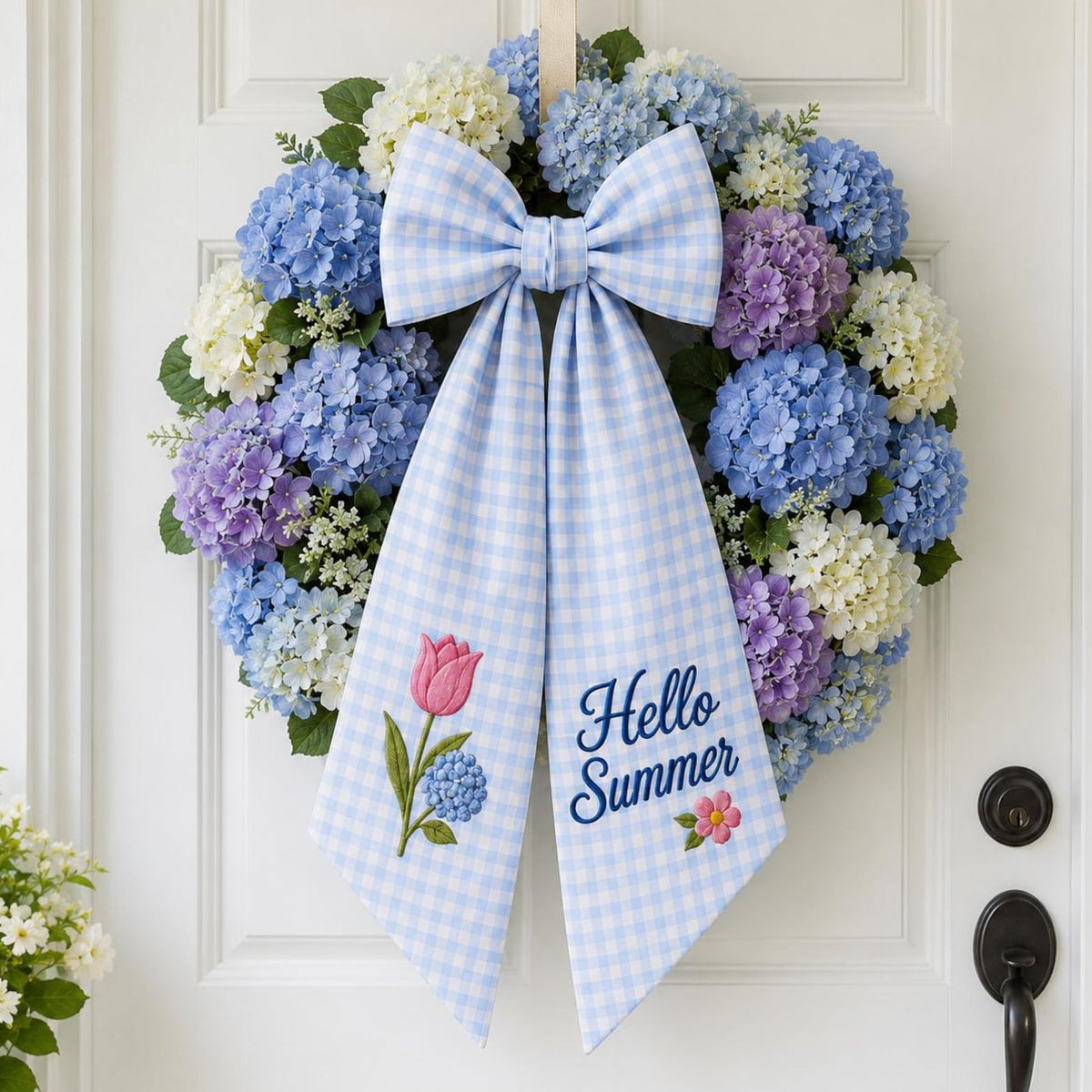 Hello Summer Wreath Sash, Personalized Blue Gingham Door Ribbon
