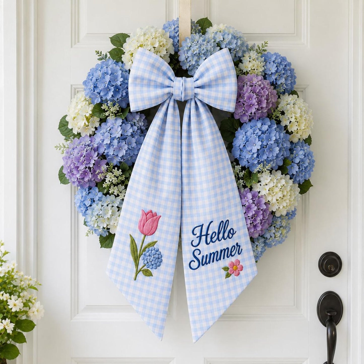Hello Summer Wreath Sash, Personalized Blue Gingham Door Ribbon