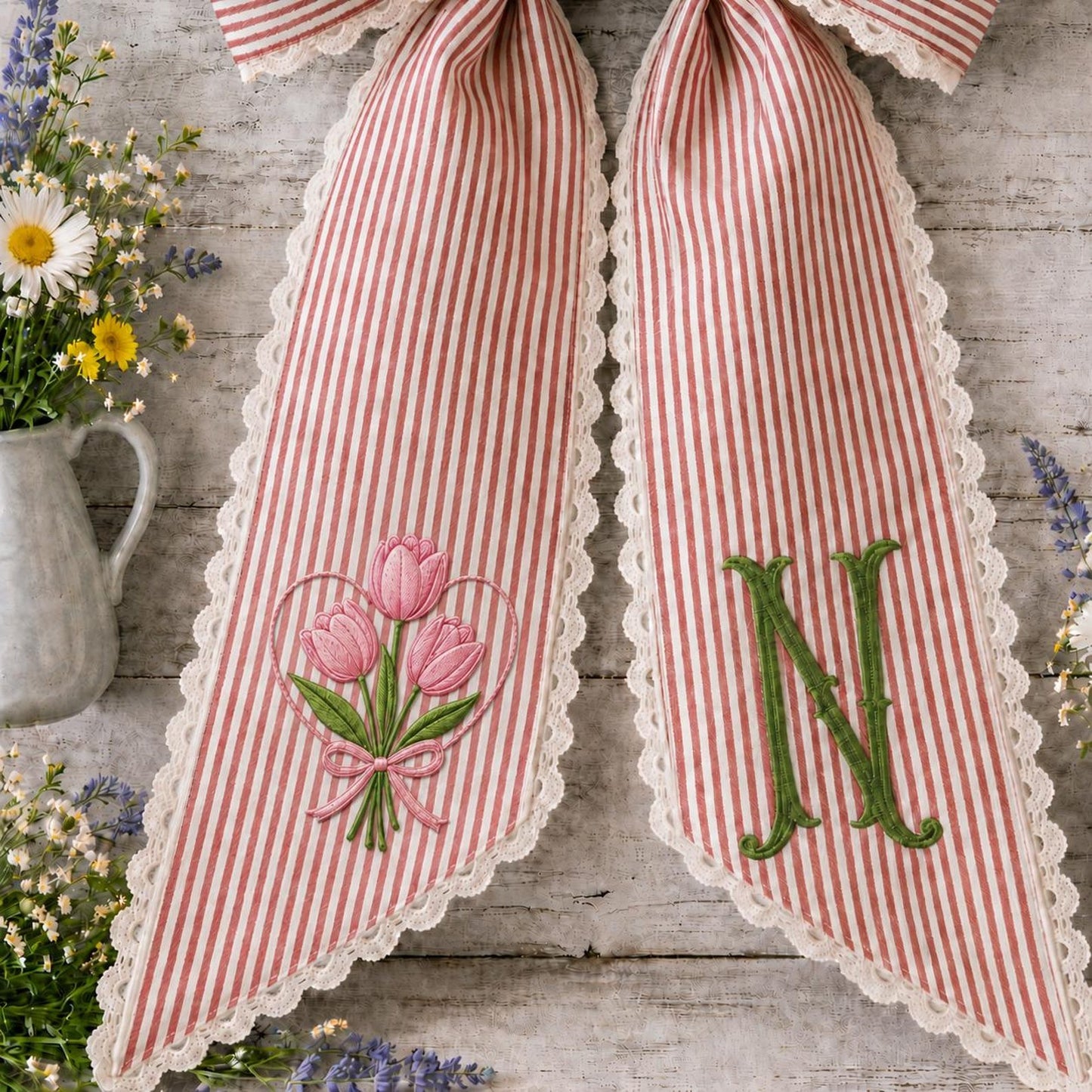Personalized Tulip Monogram Sash, Ribbon Wreath Decor