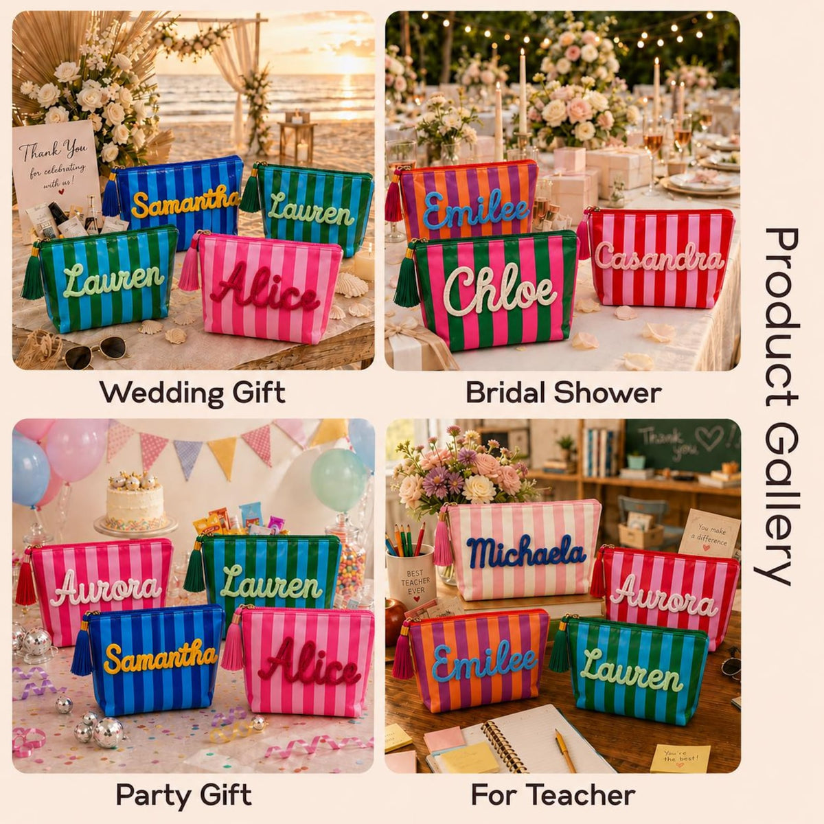 Personalized Travel Makeup Bag, Waterproof Striped Cosmetic Pouch