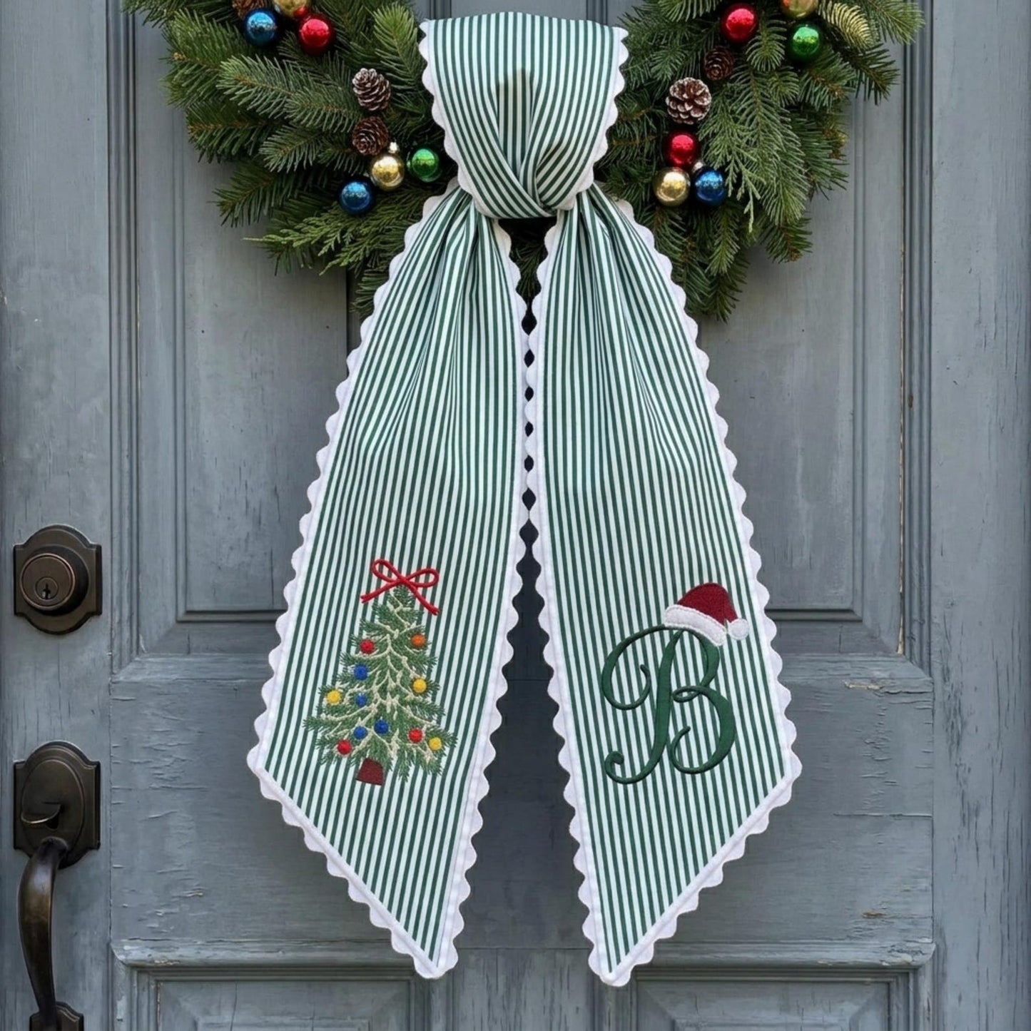 Custom Christmas Wreath Sash, Personalized Santa Hat Monogram Bow