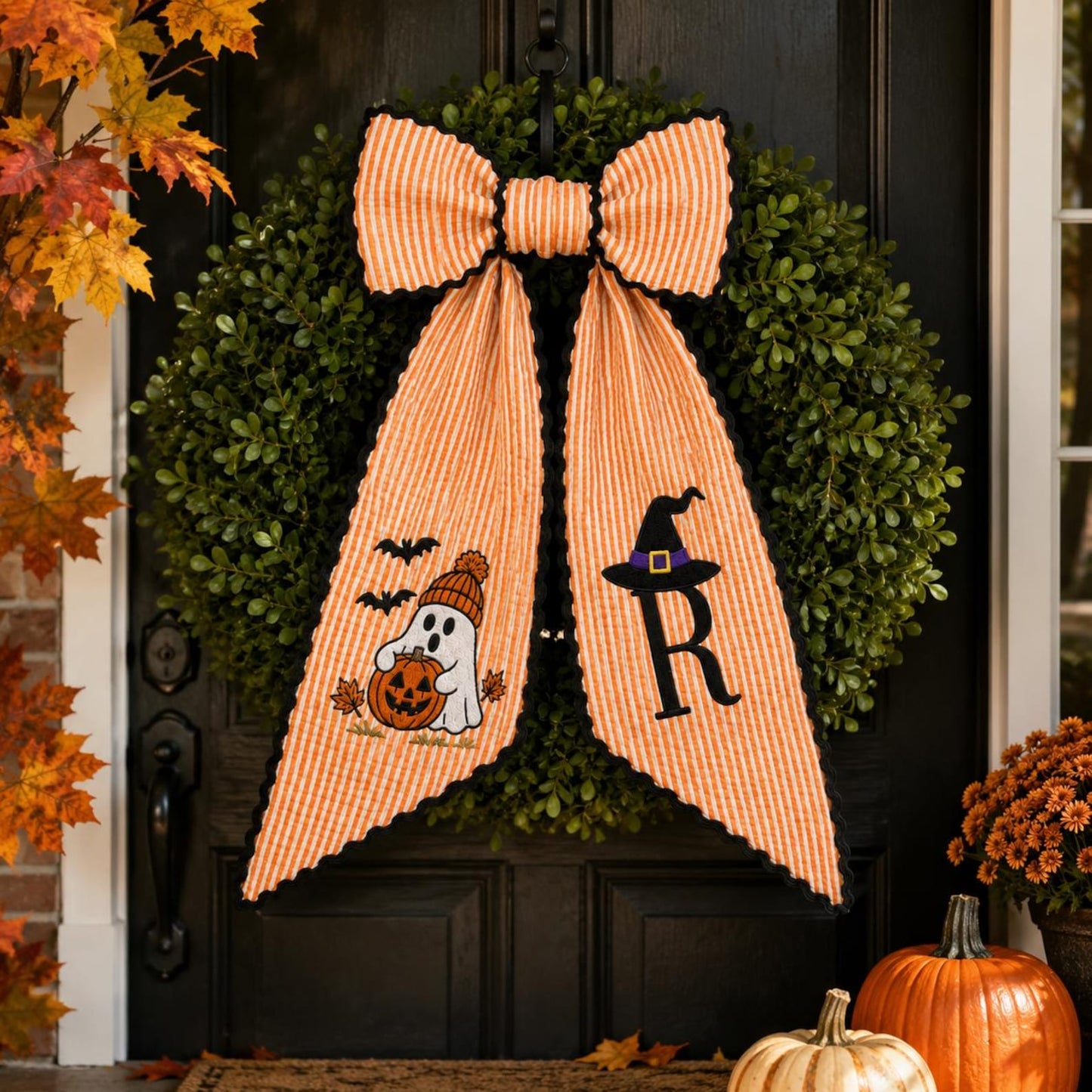 Halloween Bow Sash, Ghost Pumpkin Witch Hat Monogram Door Wreath Bow Wreath Sash