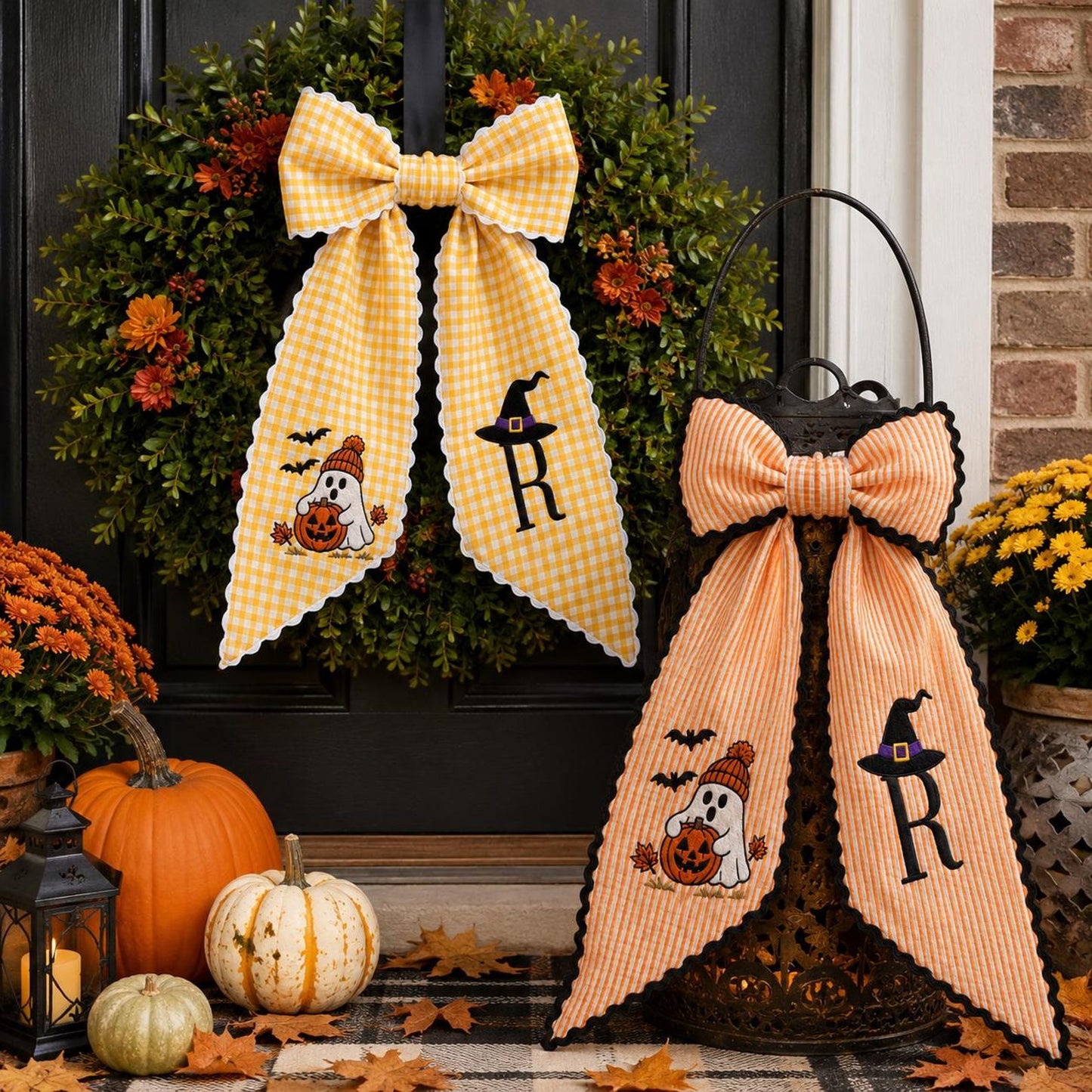 Halloween Bow Sash, Ghost Pumpkin Witch Hat Monogram Door Wreath Bow Wreath Sash