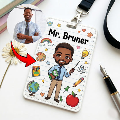 Custom Portrait Teacher Badge Holder, Personalized Cartoon Avatar ID Card Holder