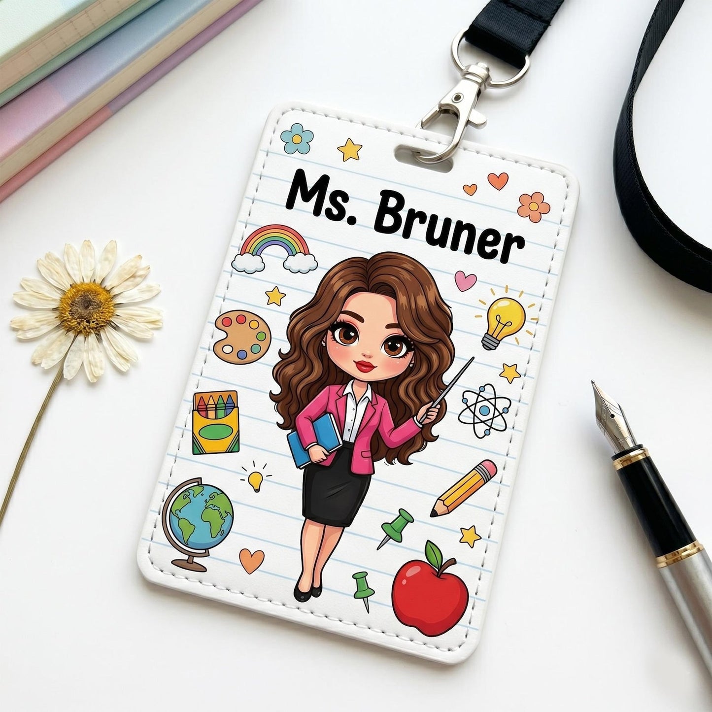Custom Portrait Teacher Badge Holder, Personalized Cartoon Avatar ID Card Holder