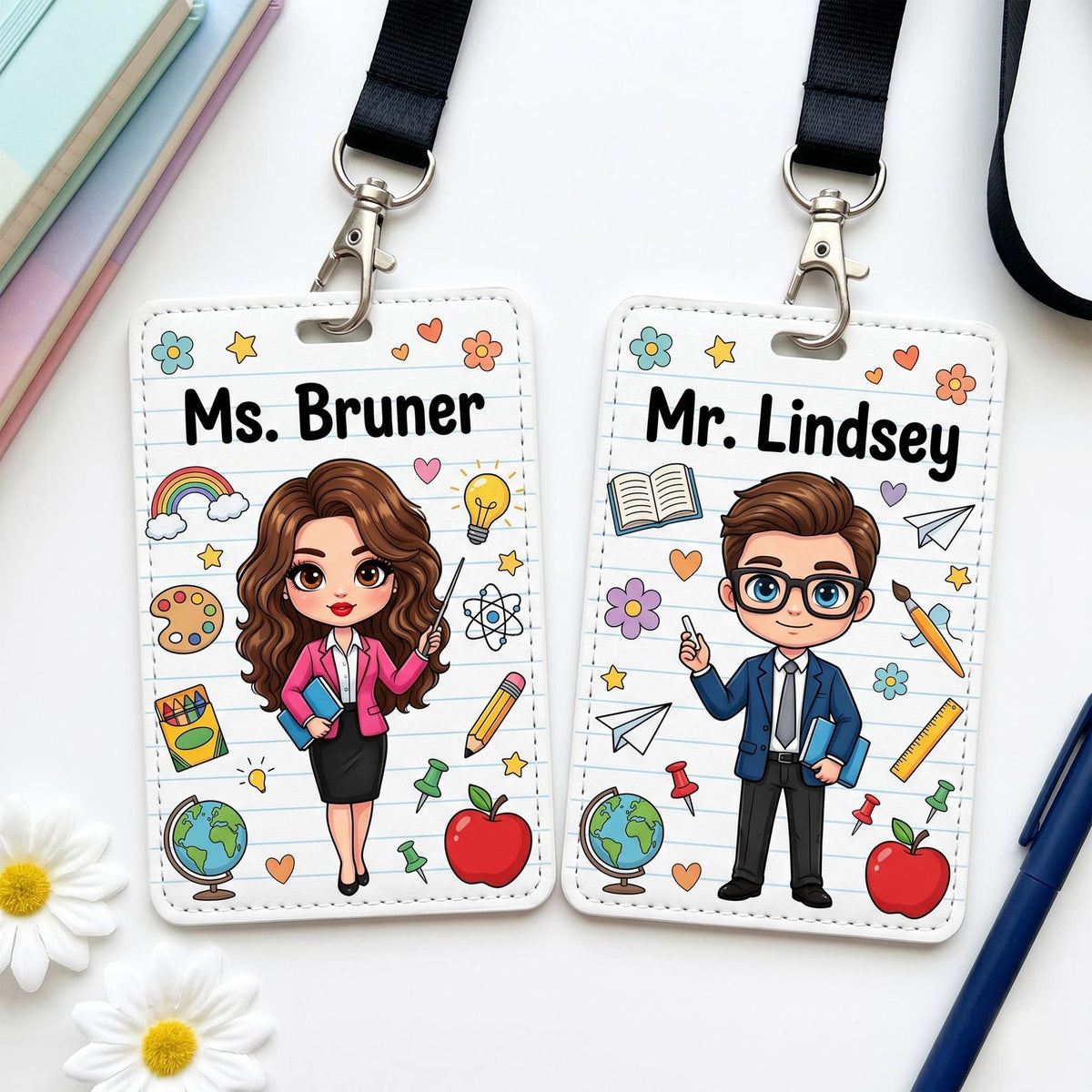 Custom Portrait Teacher Badge Holder, Personalized Cartoon Avatar ID Card Holder