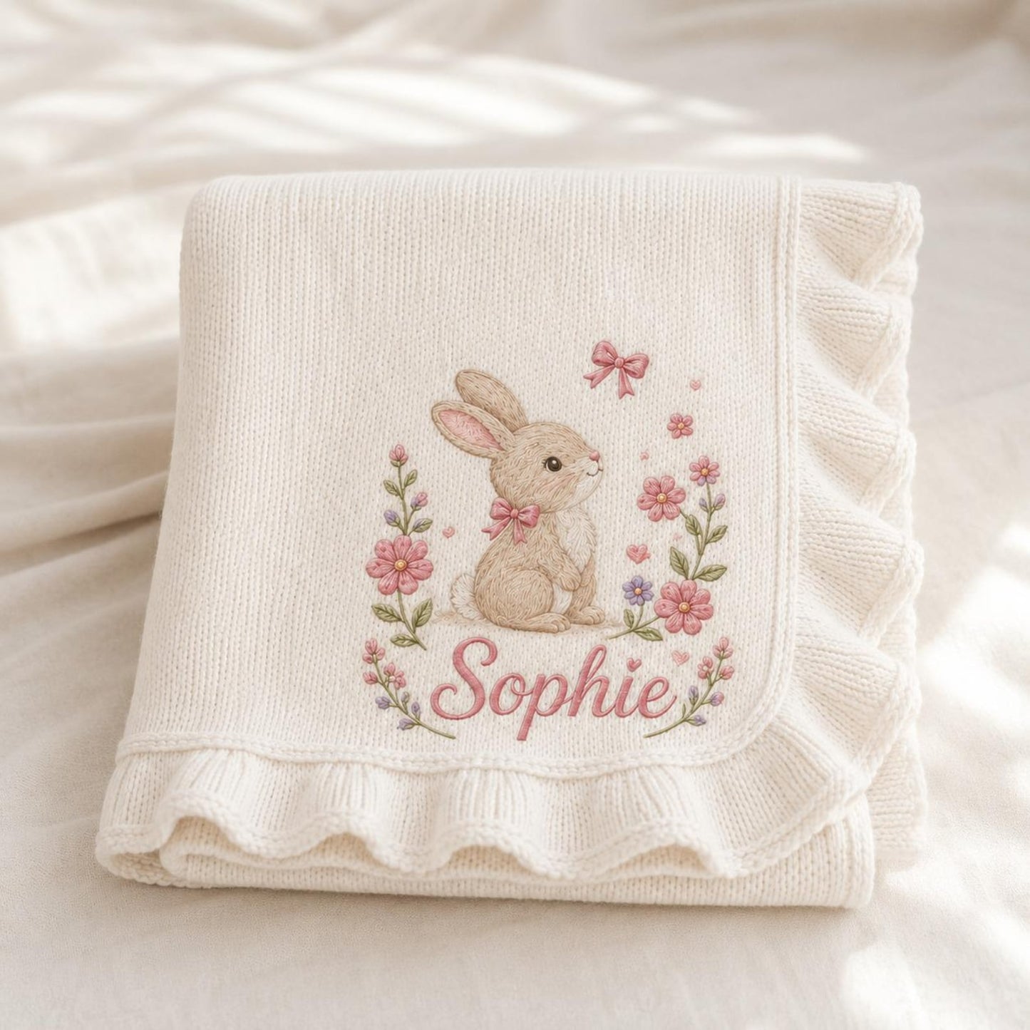 Personalized Baby Girl Blanket, Embroidered Bunny & Floral, Custom Name Sophie