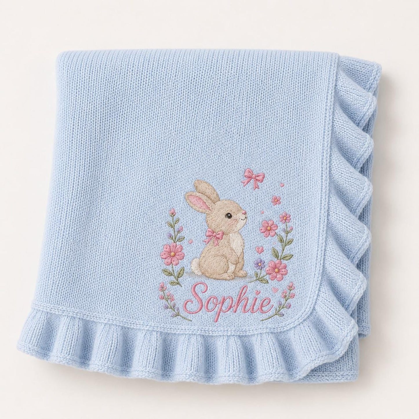 Personalized Baby Girl Blanket, Embroidered Bunny & Floral, Custom Name Sophie