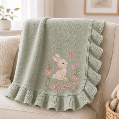 Personalized Baby Girl Blanket, Embroidered Bunny & Floral, Custom Name Sophie