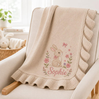 Personalized Baby Girl Blanket, Embroidered Bunny & Floral, Custom Name Sophie
