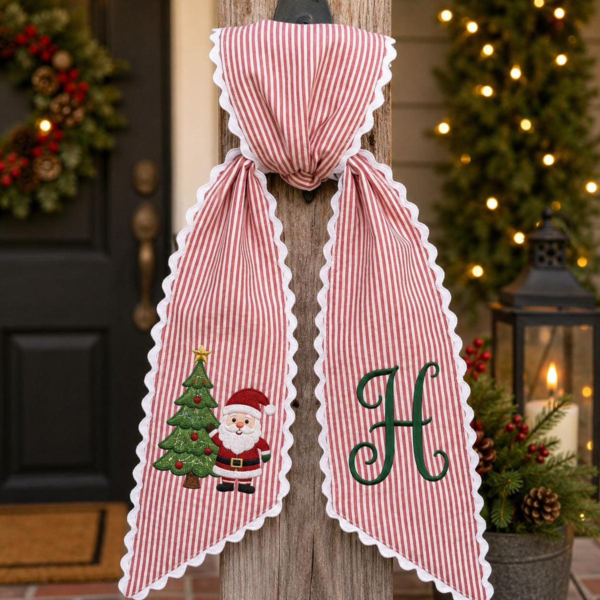 Personalized Christmas Wreath Sash, Red Stripe Santa Tree Door Bow, Monogram Holiday Front Door Decor