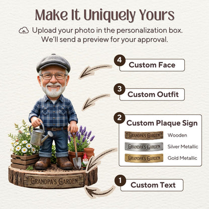 Personalized Grandpa Garden Gnome 2D FLAT Wooden Block, Custom Photo Caricature Plaque Sign