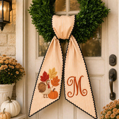Personalized Thanksgiving Wreath Door Sash Wreath Sash, Custom Pumpkin Monogram Bow